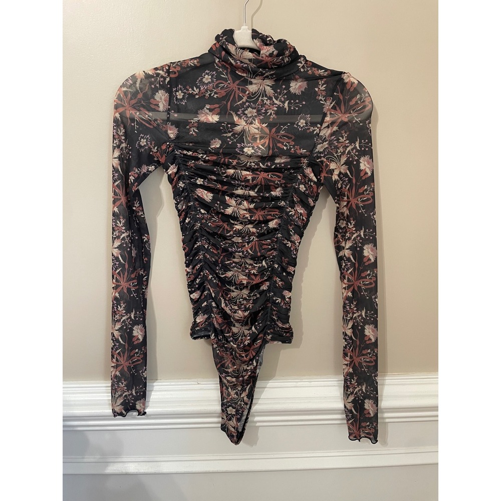 Free People Intimately Under It All Sheer Ruched Bodysuit Black Fall Floral